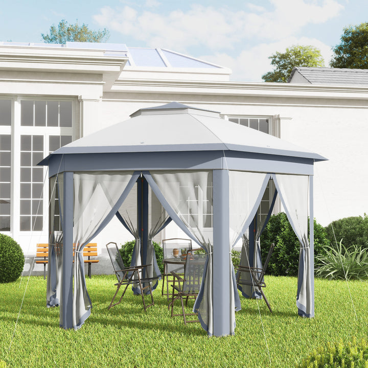 Outsunny Hexagon Patio Gazebo Pop Up Gazebo Outdoor Double Roof Instant Shelter with Netting, 4m x 4m, Grey