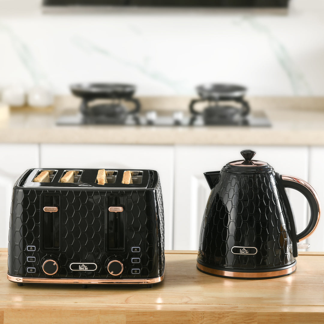 Fast Boil Kettle & 4 Slice Toaster Set, Kettle and Toaster with 7 Browning Controls, Crumb Tray, 1.7L 3000W Black