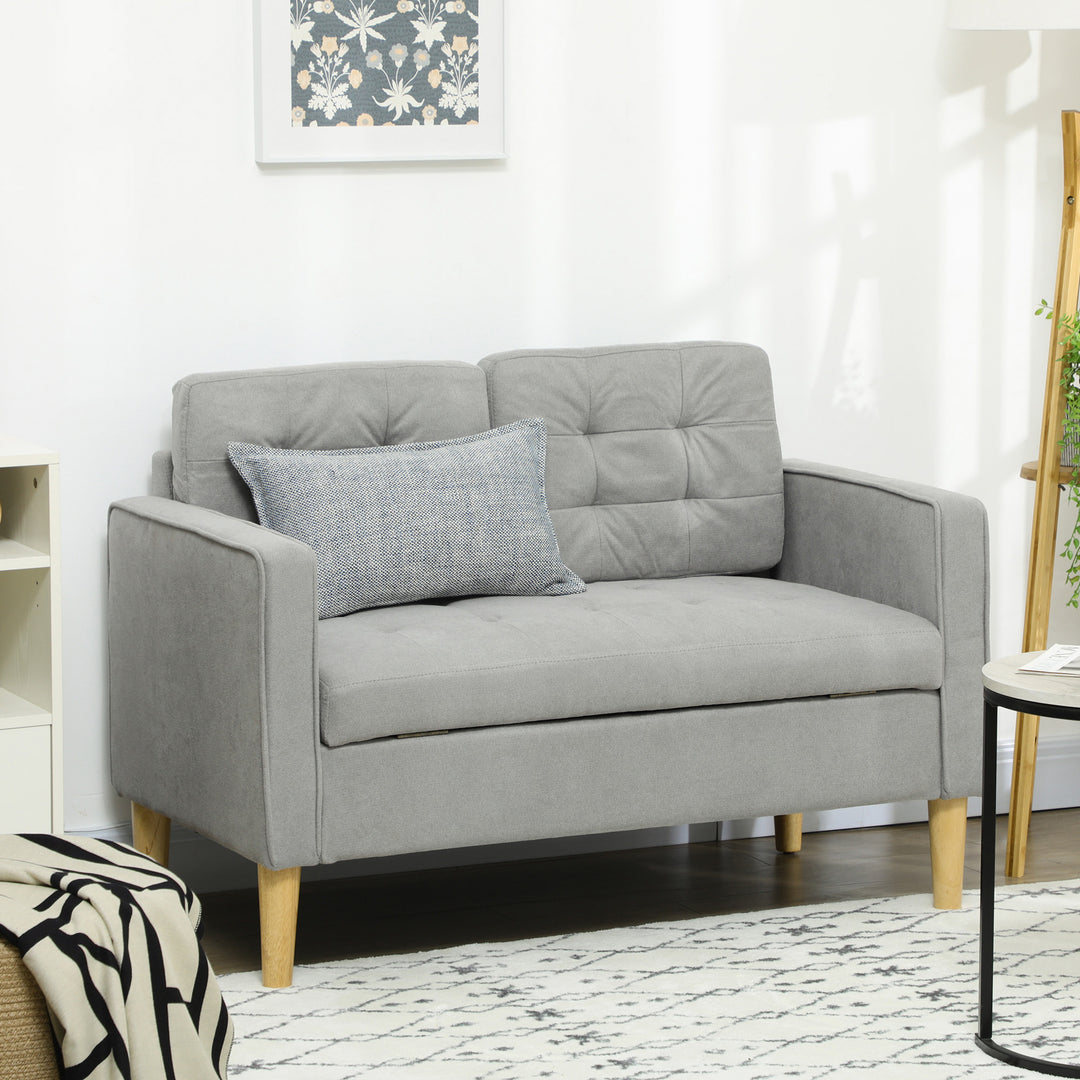 Modern 2 Seater Sofa with Hidden Storage, 117cm Tufted Cotton Couch, Compact Loveseat Sofa with Wood Legs, Light Grey