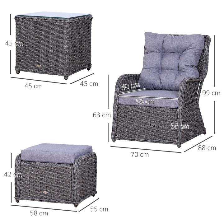 Outsunny 2 Seater Deluxe Garden Rattan Furniture Sofa Chair & Stool Table Set Patio Wicker Weave Furniture Set Aluminium Frame Fully-assembly - Grey