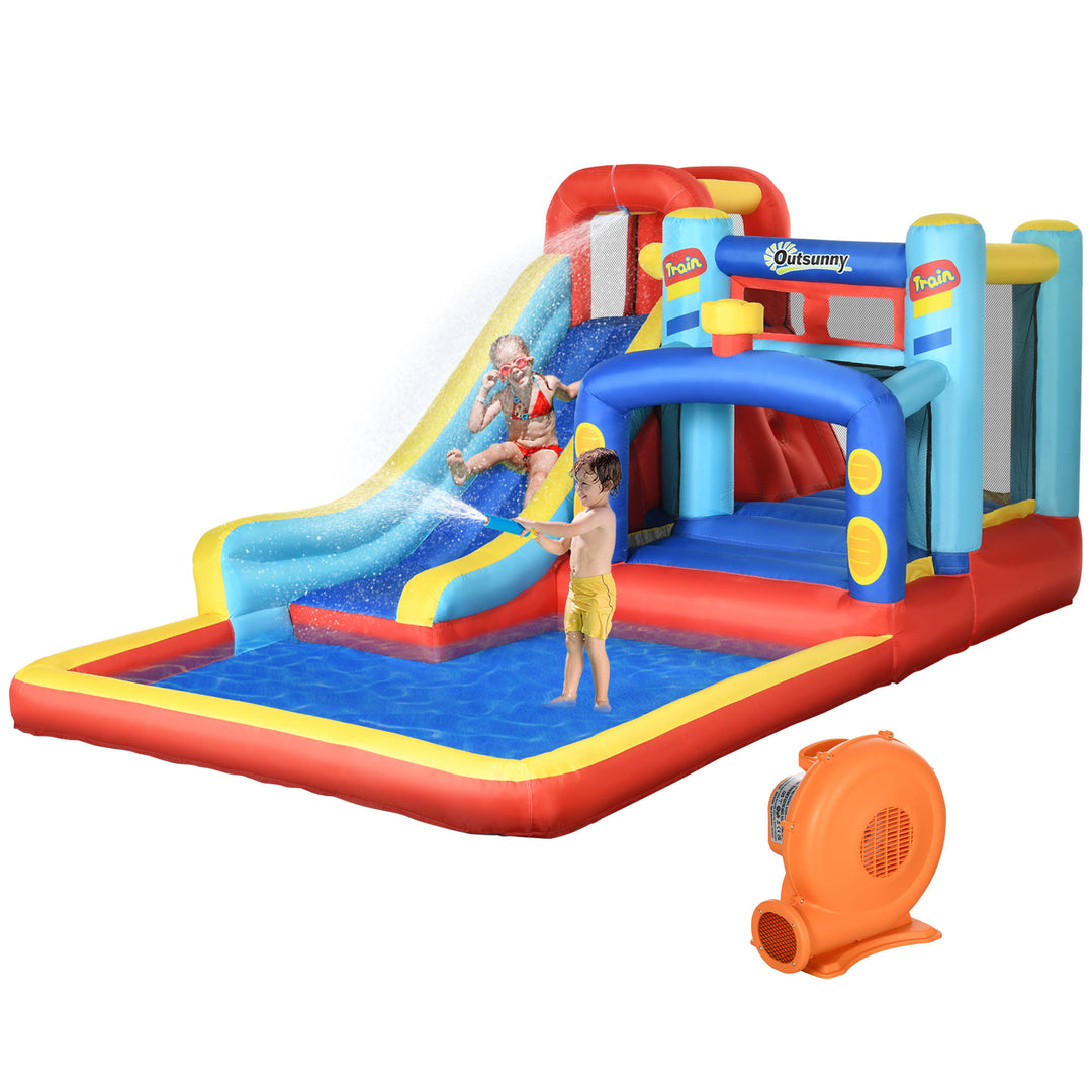 4 in 1 Bouncy Castle, with Slide, Pool, Trampoline, Climbing Wall, Blower - Multicoloured