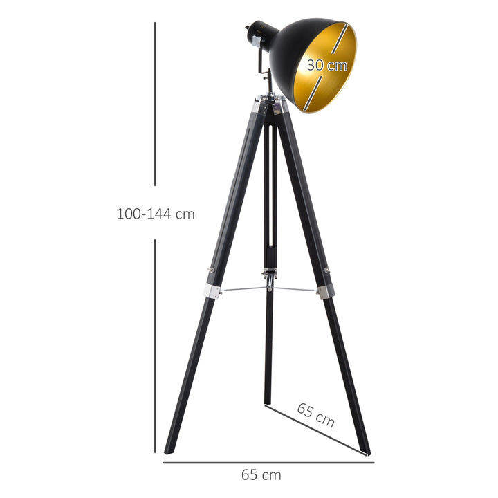 Industrial Floor Lamp for Living Room Tripod Spotlight Reading Lamp w/Wood Legs Metal Shade Adjustable Height Angle Black and Gold