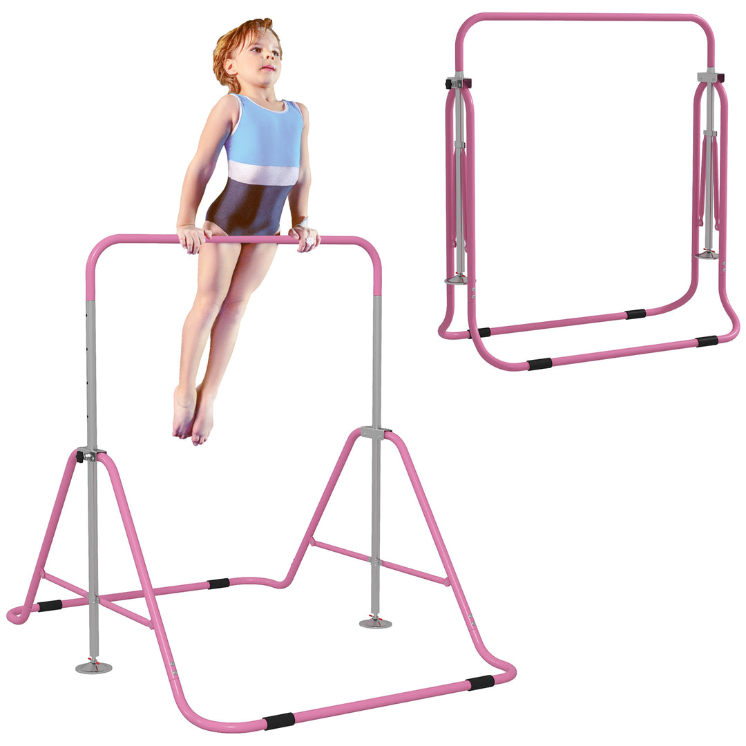 Gymnastics Bar for Kids, Folding Horizontal Bars with Adjustable Height, Training Bar with Triangle Base, Pink