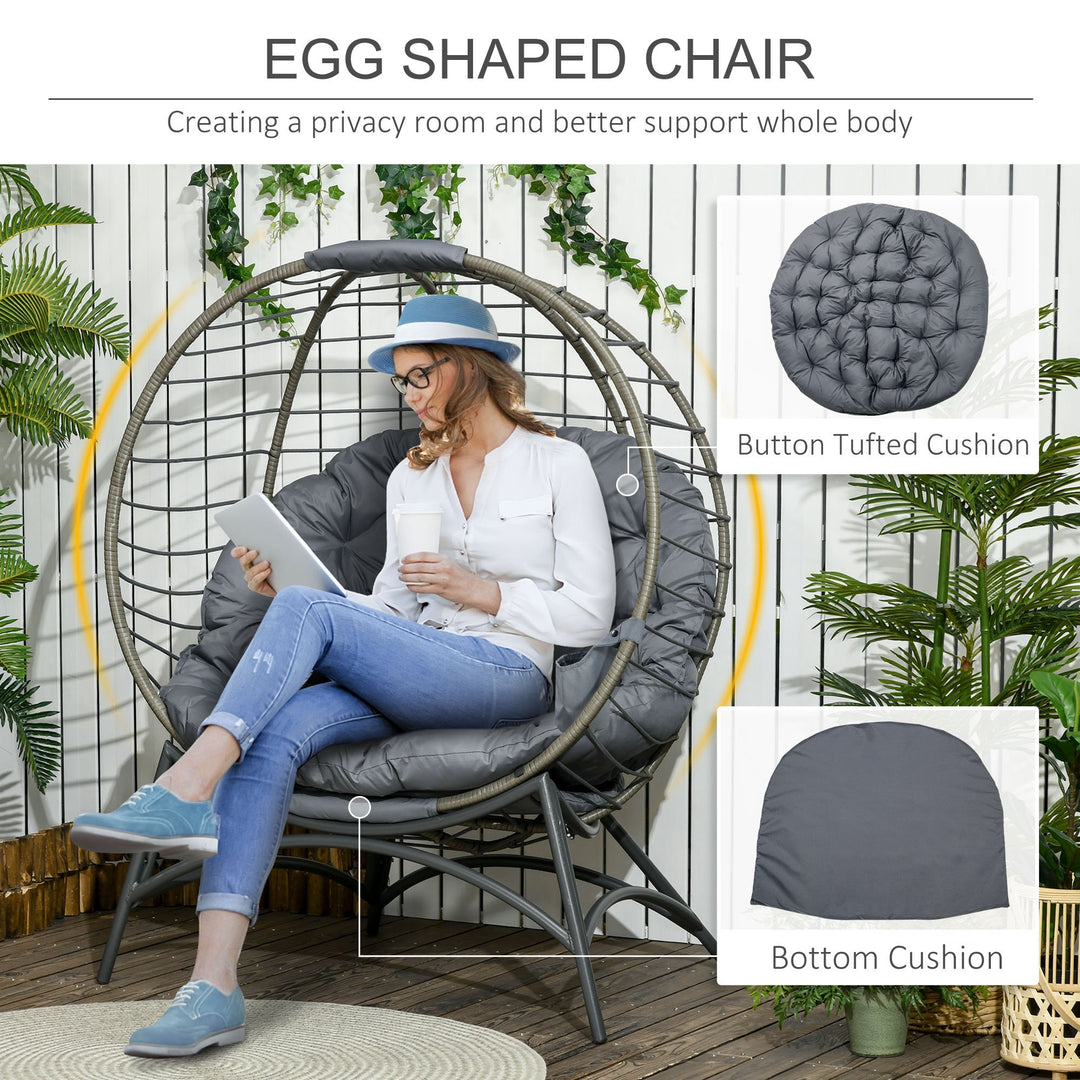 Folding Rattan Egg Chair, Freestanding Basket Chair with Cushion, Bottle Holder Bag for Outdoor or Indoor, Grey and Black