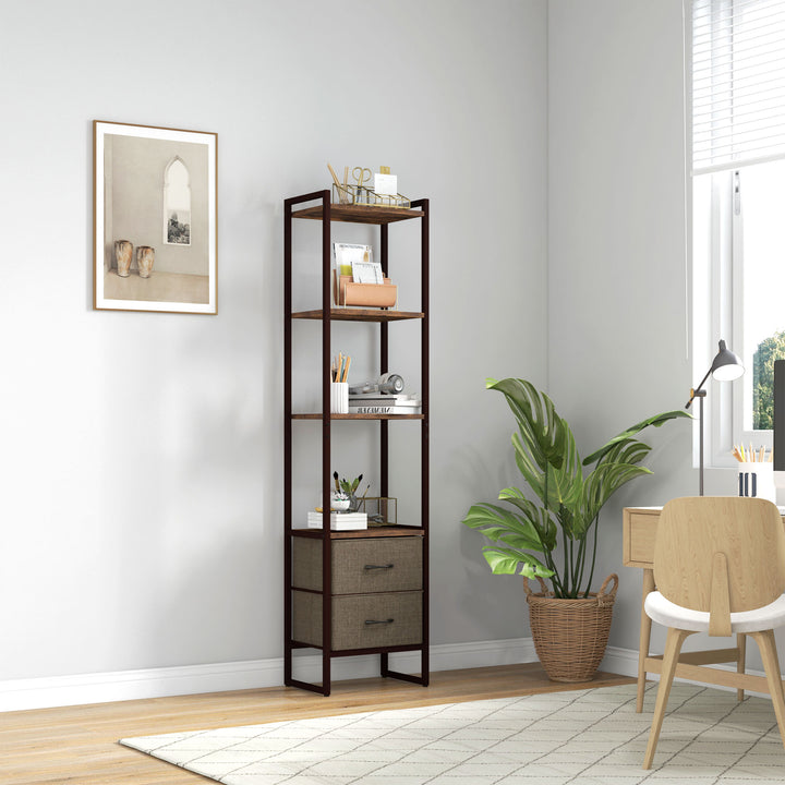 Industrial Bookcase with 2 Fabric Drawers and Metal Frame