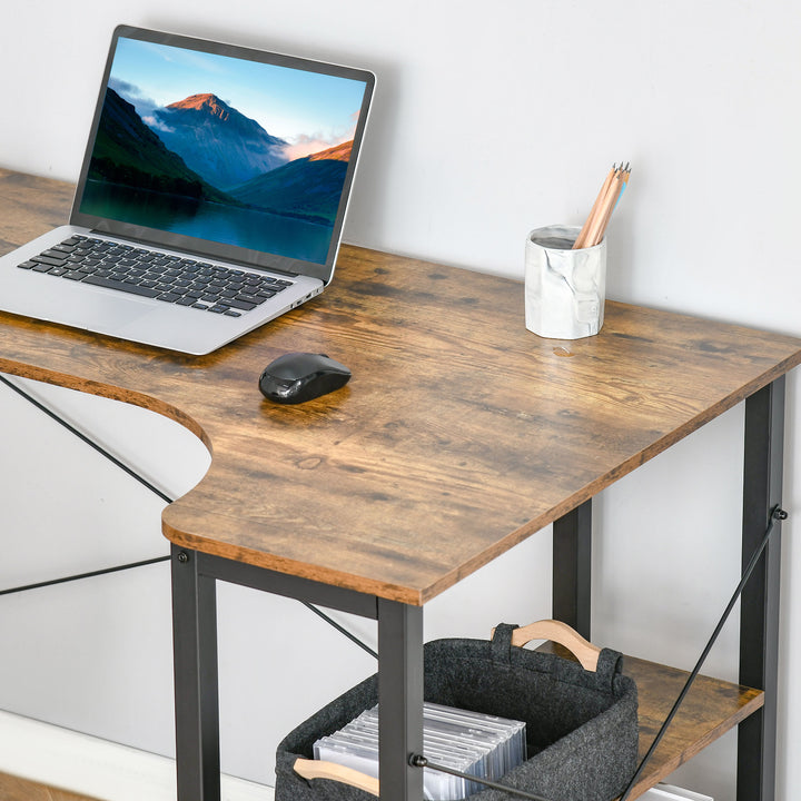 HOMCOM L-Shaped Computer Desk Home Office Corner Desk Study Workstation Table with 2 Shelves, Steel Frame, Rustic Brown