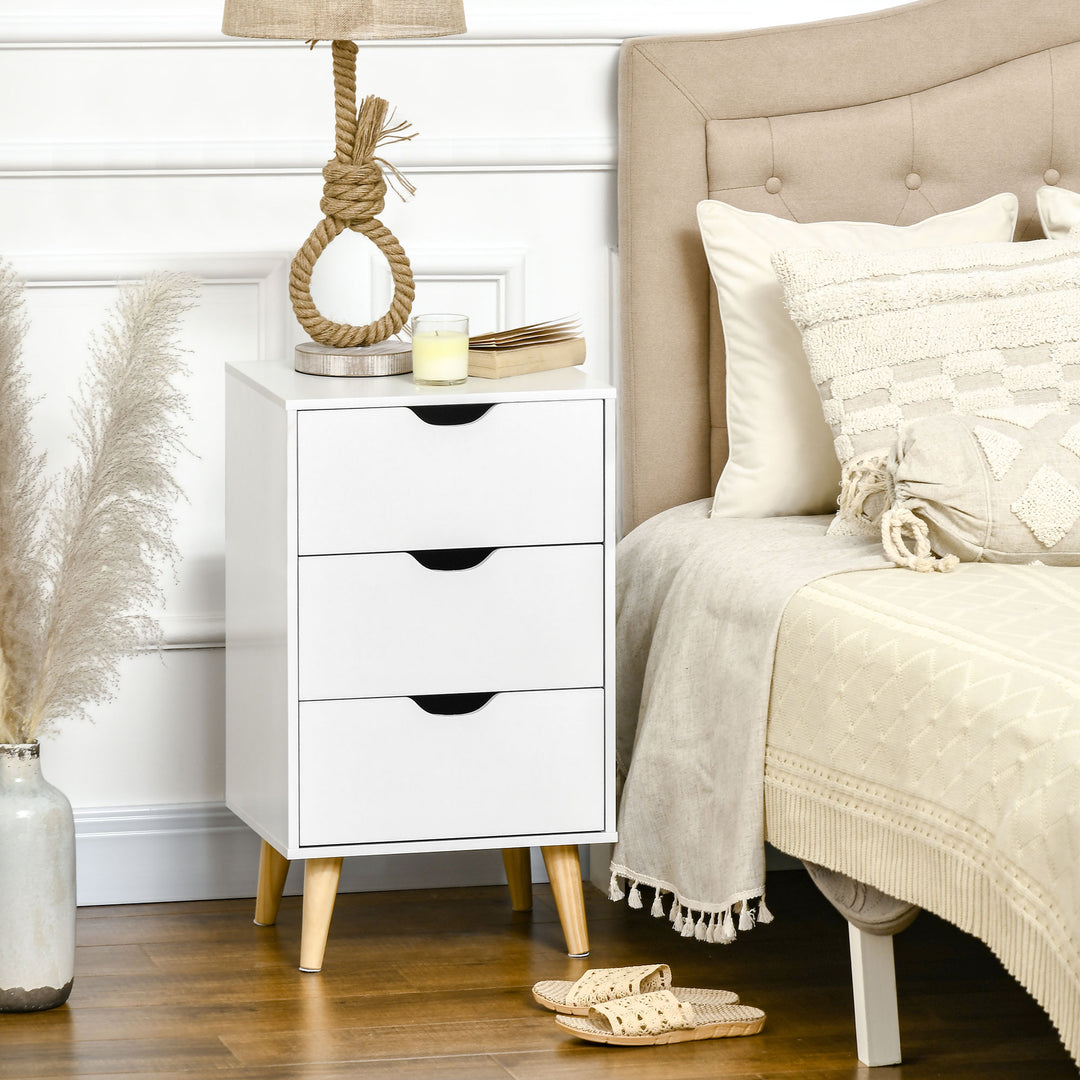 Bedroom 3-Drawer Bedside Unit with Wood Legs and Cut-out Handles, White