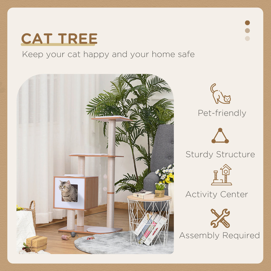 PawHut Wood Cat Tree Scratching Post for Indoor Cats Kitten House Condo Activity Center w/ Cushion Hanging Toy Multi-level