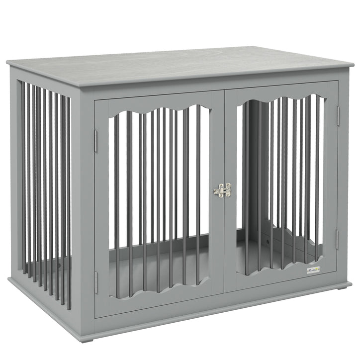 Dog Crate End Table w/ Three Doors, Furniture Style Dog Crate, for Big Dogs, Indoor Use w/ Locks and Latches - Grey