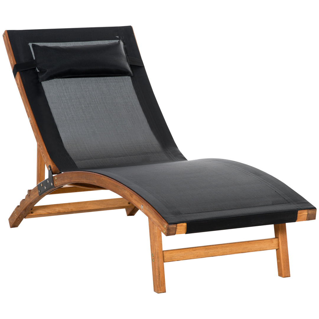 Ergonomic Patio Lounge Chair Wooden Outdoor Chaise w/ 3 Adjustable Back and Removable Headrest Pillow for Garden Black