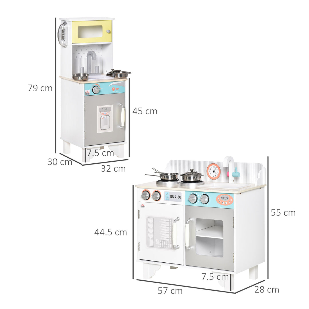 Two Kids Wooden Toy Kitchen Play Cooking Set Pretend Role Playset, with  Sink, Telephone, Storage Basket, for 3-6 Years Old
