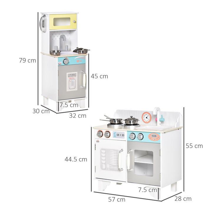 Two Kids Wooden Toy Kitchen Play Cooking Set Pretend Role Playset, with  Sink, Telephone, Storage Basket, for 3-6 Years Old