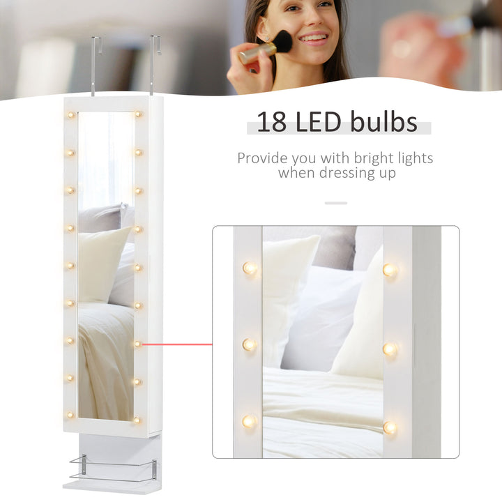 Jewellery Storage Mirror Cabinet Wall Mounted or Door Hanging w/ Hooks Shelves Drawer 18 Lights Brush Holder Vanity Makeup White