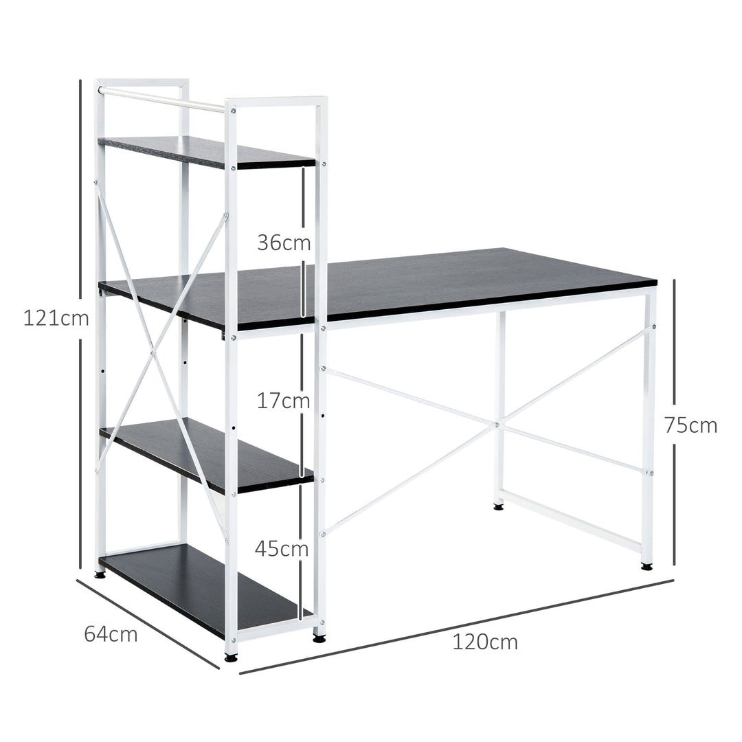 Computer Desk PC Table Study Workstation Home Office with 4-tier Bookshelf Storage Metal Frame Wooden Top (Black & White)