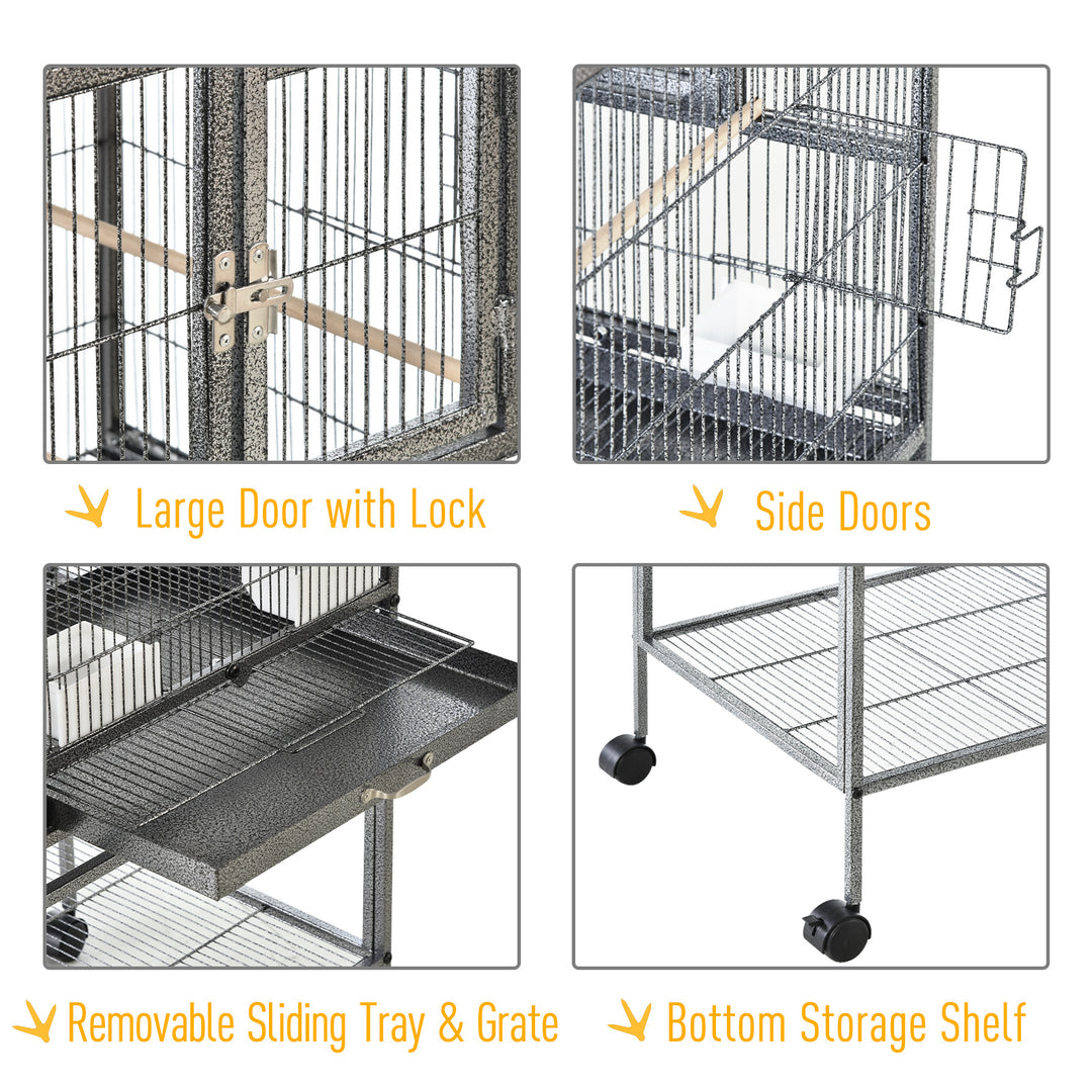 Double Rolling Metal Bird Cage Parrot Cage with Removable Metal Tray, Storage Shelf with Food Container