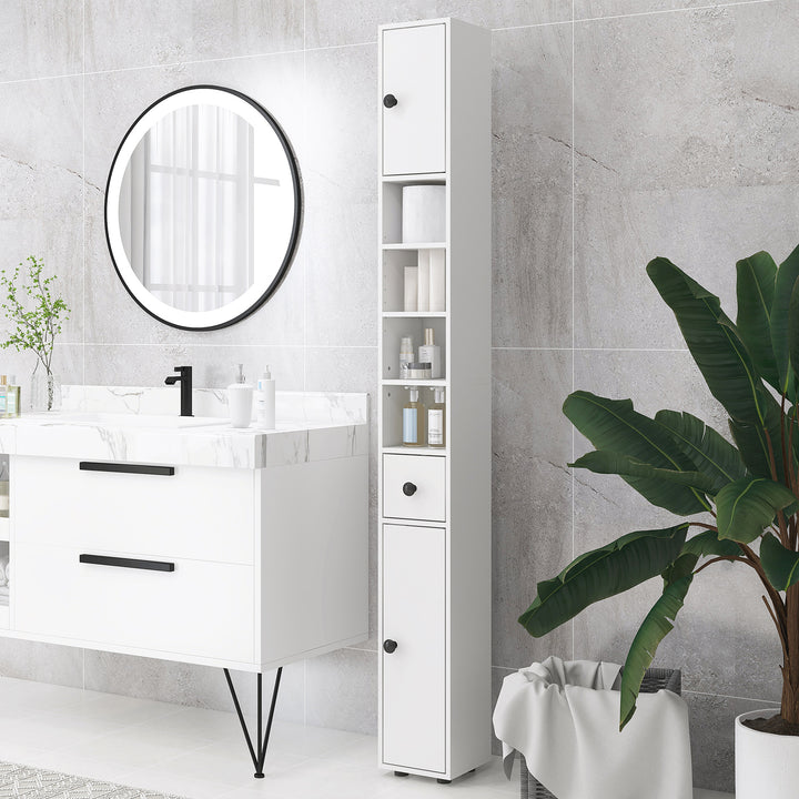 180cm Tall Slim Bathroom Cabinet, Narrow Toilet Roll Storage w/ Open Shelves, 2 Door Cabinets, Adjustable Shelves, for Kitchen, White