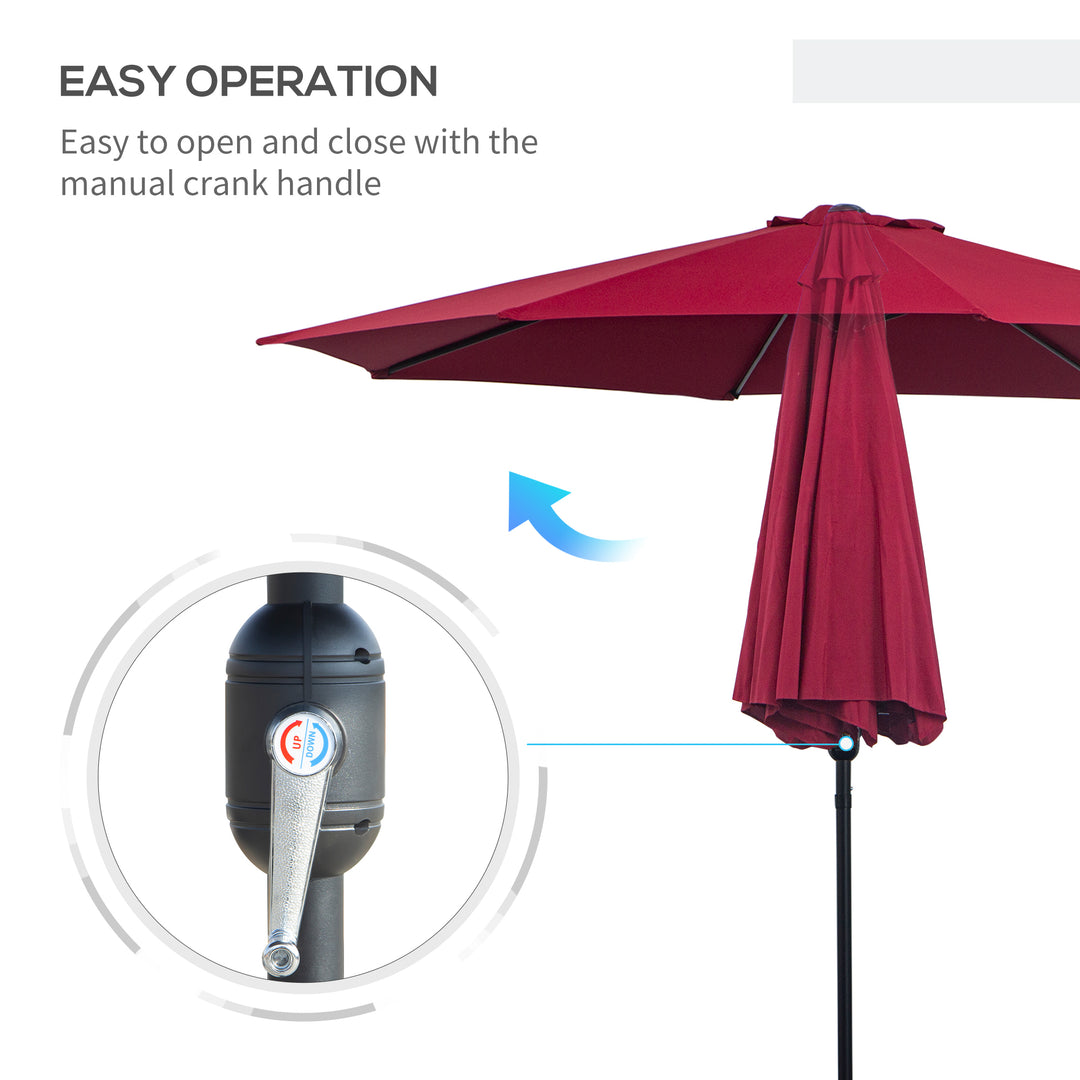 3(m) Tilting Parasol Garden Umbrellas, Outdoor Sun Shade with 8 Ribs, Tilt and Crank Handle for Balcony, Bench, Garden, Wine Red