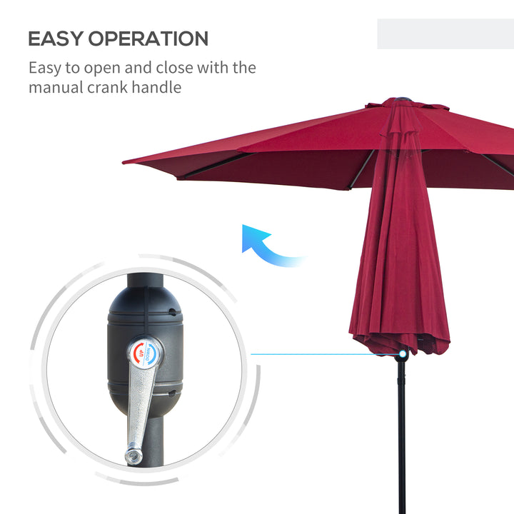 3(m) Tilting Parasol Garden Umbrellas, Outdoor Sun Shade with 8 Ribs, Tilt and Crank Handle for Balcony, Bench, Garden, Wine Red