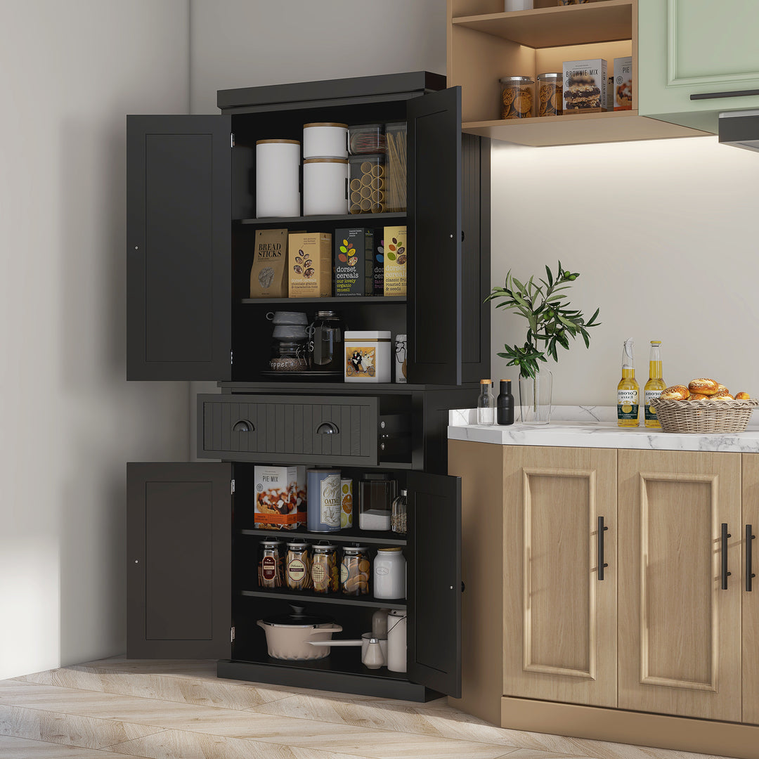 Traditional Kitchen Cupboard Freestanding Storage Cabinet with Drawer, Doors and Adjustable Shelves, Black