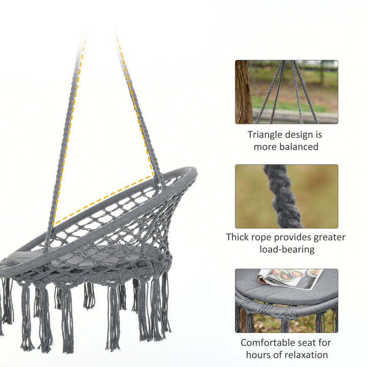 Outsunny Cotton-Polyester Blend Macrame Hanging Chair Swing Hammock for Indoor & Outdoor Use with Backrest, Fringe Tassels, Grey