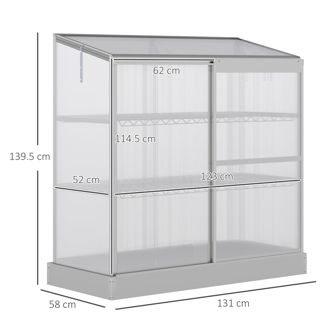 3-Tier Mini Greenhouse Garden Cold Frame Plant Growth House w / Polycarbonate Panels, Openable Roof, 129.5 x 58 x 140 cm, Silver