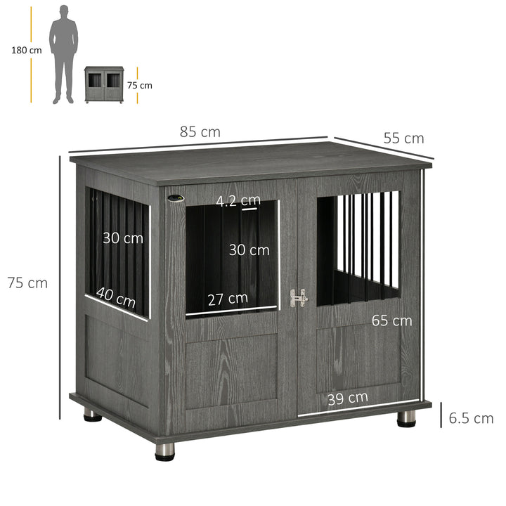 PawHut Dog Crate Furniture End Table, Pet Kennel for Small and Medium Dogs with Magnetic Door Indoor Animal Cage, Grey, 85 x 55 x 75 cm