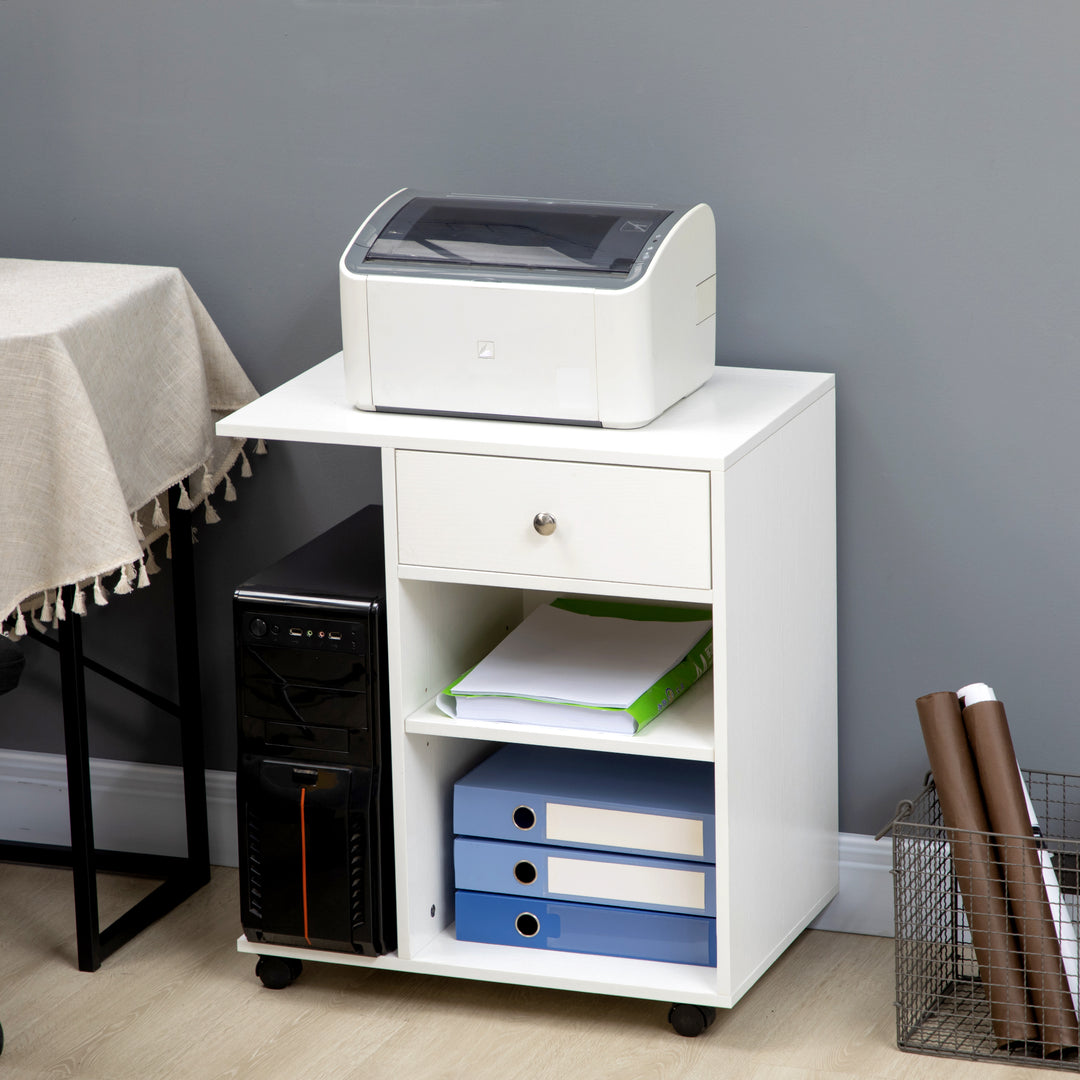 Vinsetto Mobile Printer Stand Rolling Cart Desk Side with CPU Stand Drawer Adjustable Shelf and Wheels White