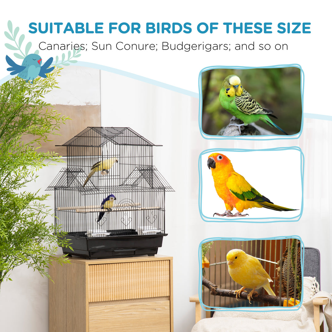 Metal Bird Cage with Plastic Swing Perch Food Container Tray Handle for Finch Canary Budgie 50.5 x 40 x 63cm Black