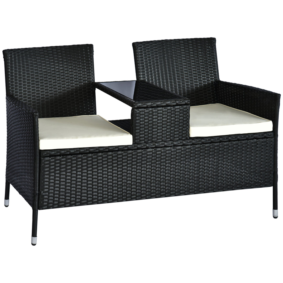 2 Seater Rattan Campanion Chair Wicker Loveseat Outdoor Patio Armchair with Drink Table Garden Furniture - Black