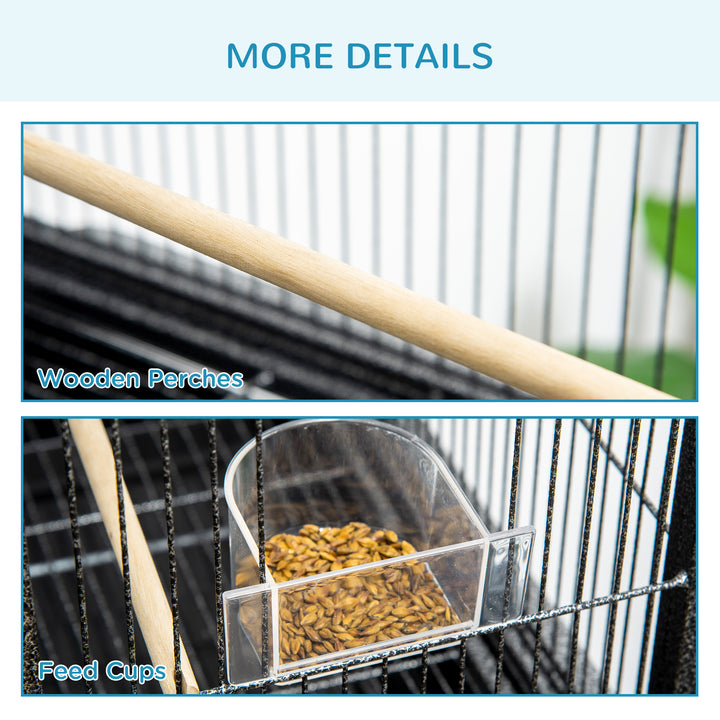 PawHut Bird Cage Metal Canary Cages for Parakeet with Detachable Rolling Stand, Storage Shelf, Wood Perch, Food Container