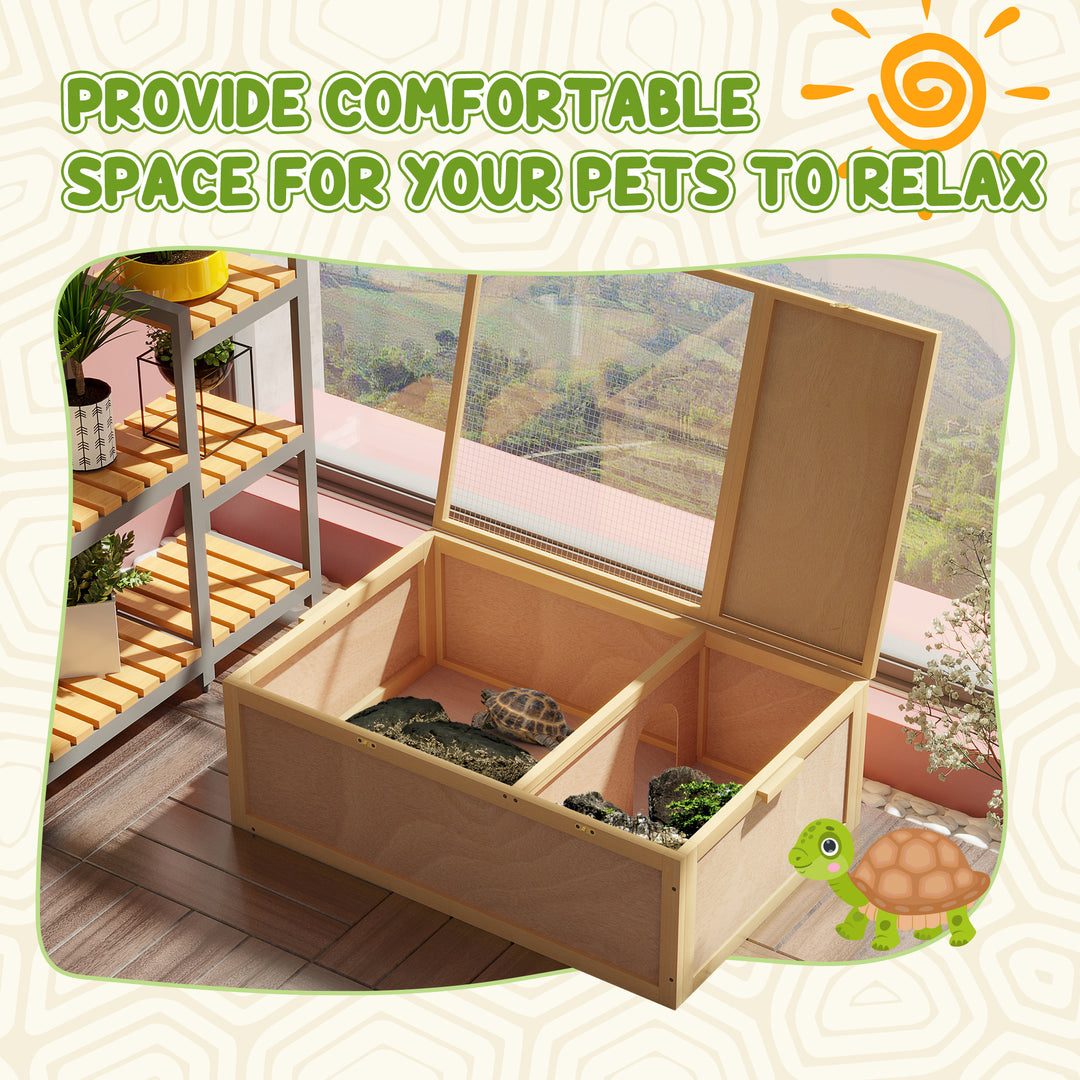 94 cm Wooden Tortoise House Turtle Terrarium/ Small Reptile Enclosure with Two Room Design, Natural