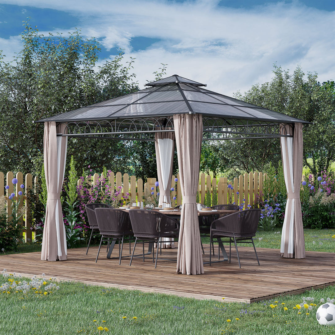 3 x 3 (m) Outdoor Polycarbonate Gazebo, Double Roof Hard Top Gazebo with Galvanized Steel Frame, Nettings & Curtains
