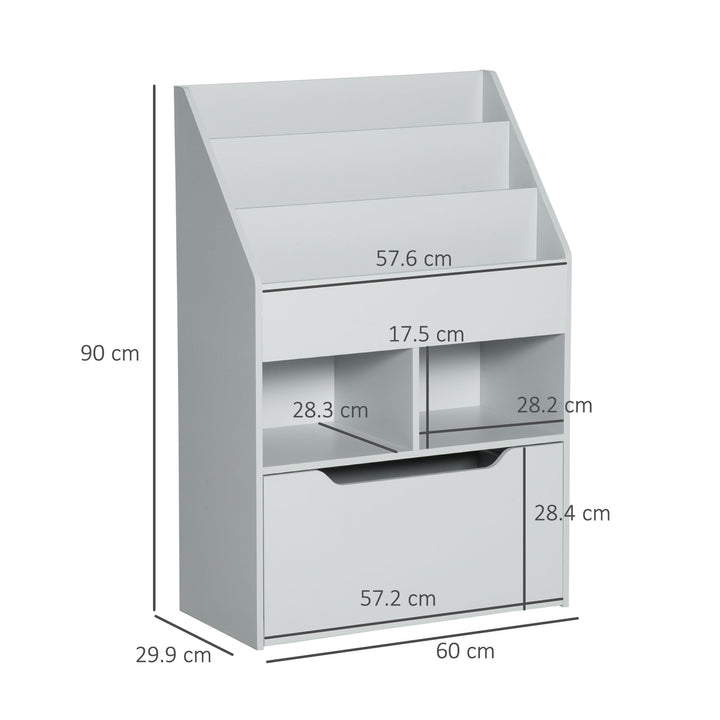 Kids Bookshelf with Storage Drawer, Children's Bookcase with Wheels, Toy Organiser for Bedroom, Playroom, Grey