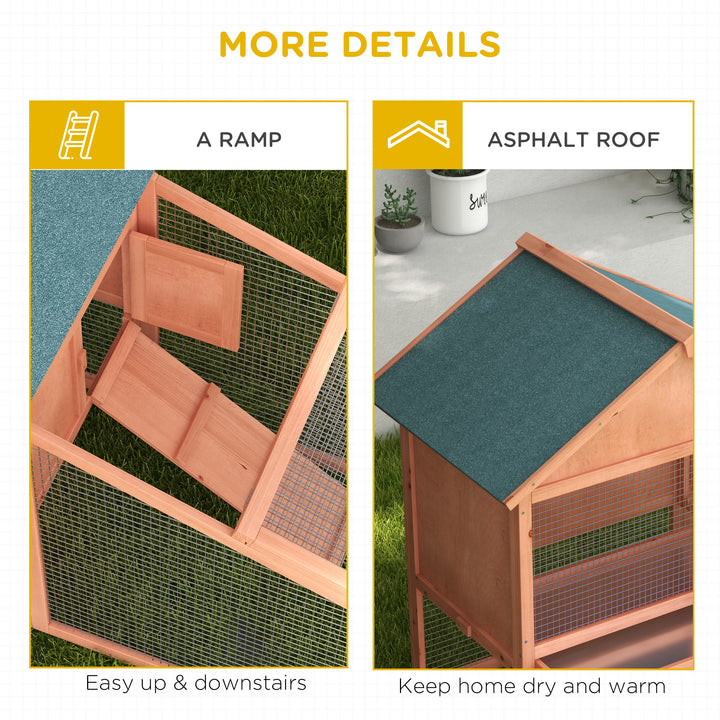 PawHut 2 Tier Rabbit Cage, Solid Wood Bunny House, Water Resistant Asphalt Roof Ramp Sliding tray 144 x 64.5 x 100 cm Red/Brown