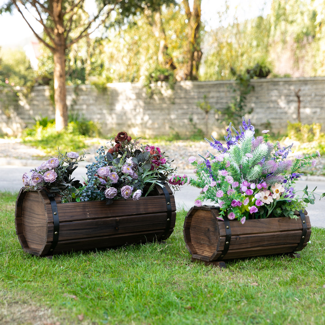 Outsunny 2PCs Wooden Planter Box Flower Plant Pot Outdoor & Indoor Flower Beds Plant Box with Solid Wood Carbonized Colour