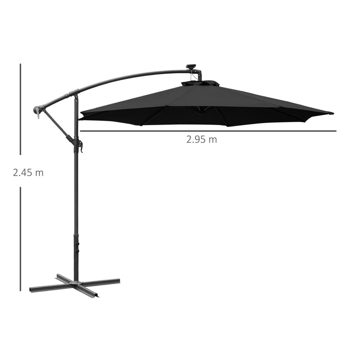 3(m) LED Banana Parasol Garden Cantilever Umbrella with Solar Lights, Crank Handle and Cross Base, Hanging Sun Shade, Black