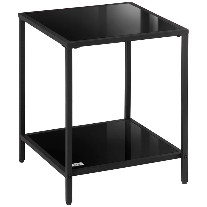 Side Table with Tempered Glass Top, End Table with 2-Tier Storage, Classic Accent Table with Steel Frame, Black