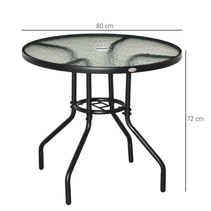 Outdoor Round Dining Table Tempered Glass Top Steel Garden Table w/ Parasol Hole 80cm