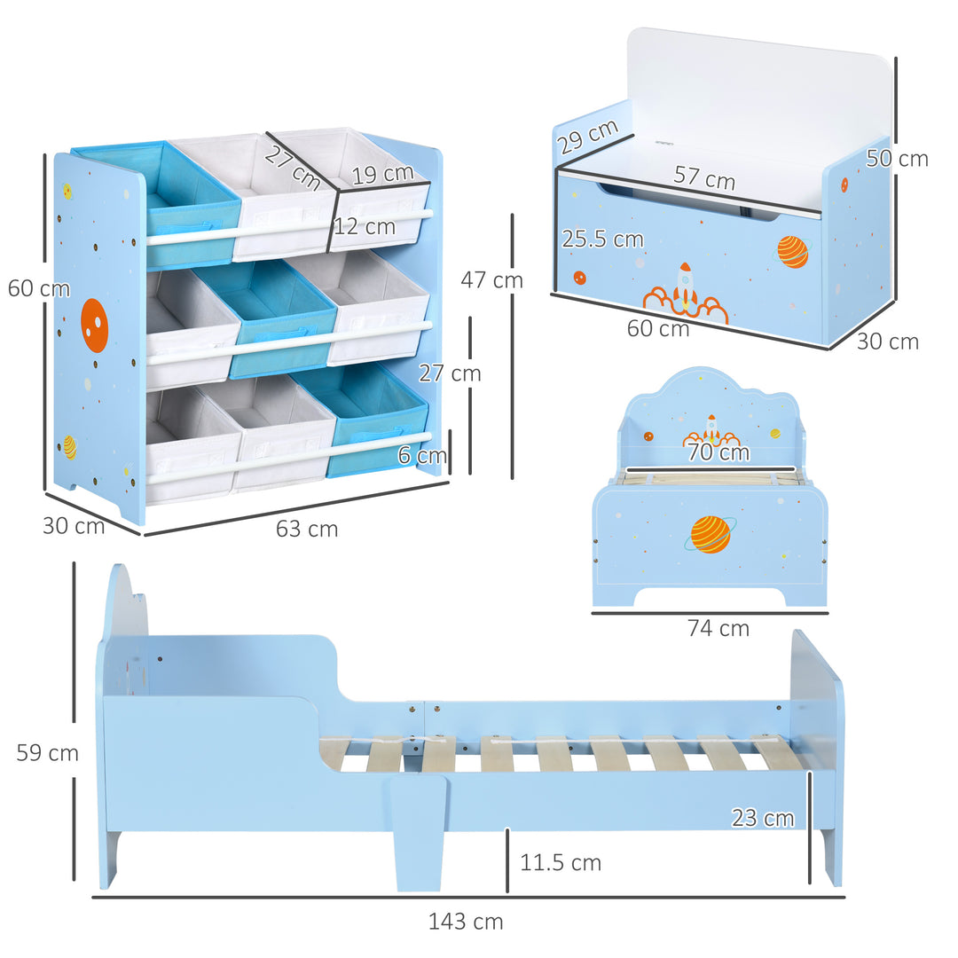 3PCs Kids Bedroom Furniture Set with Bed, Toy Box Bench, Storage Unit with Baskets, Space Themed, for 3-6 Years Old, Blue