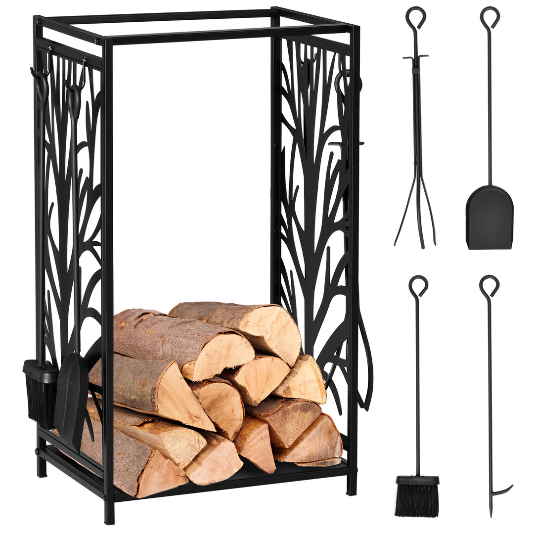 Heavy Duty Firewood Wood Log Rack Fireplace Wood Stacker Storage w/ 4 Tools, Black