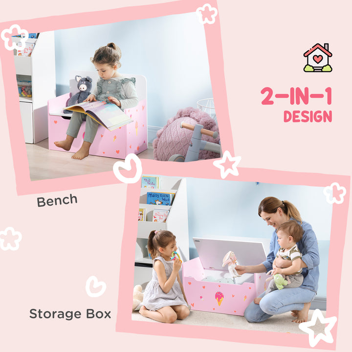 4PCs Kids Bedroom Furniture Set with Bed, Toy Box Bench, Dressing Table and Stool, Princess Themed, for 3-6 Years Old, Pink