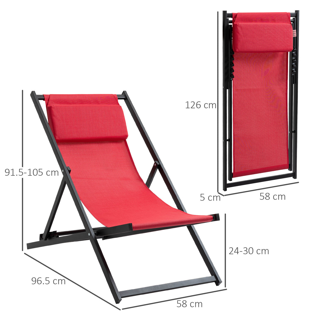 Set of 2 Folding Garden Beach Deck Chairs Deckchairs Seaside Folding Garden Patio Lounger, Red