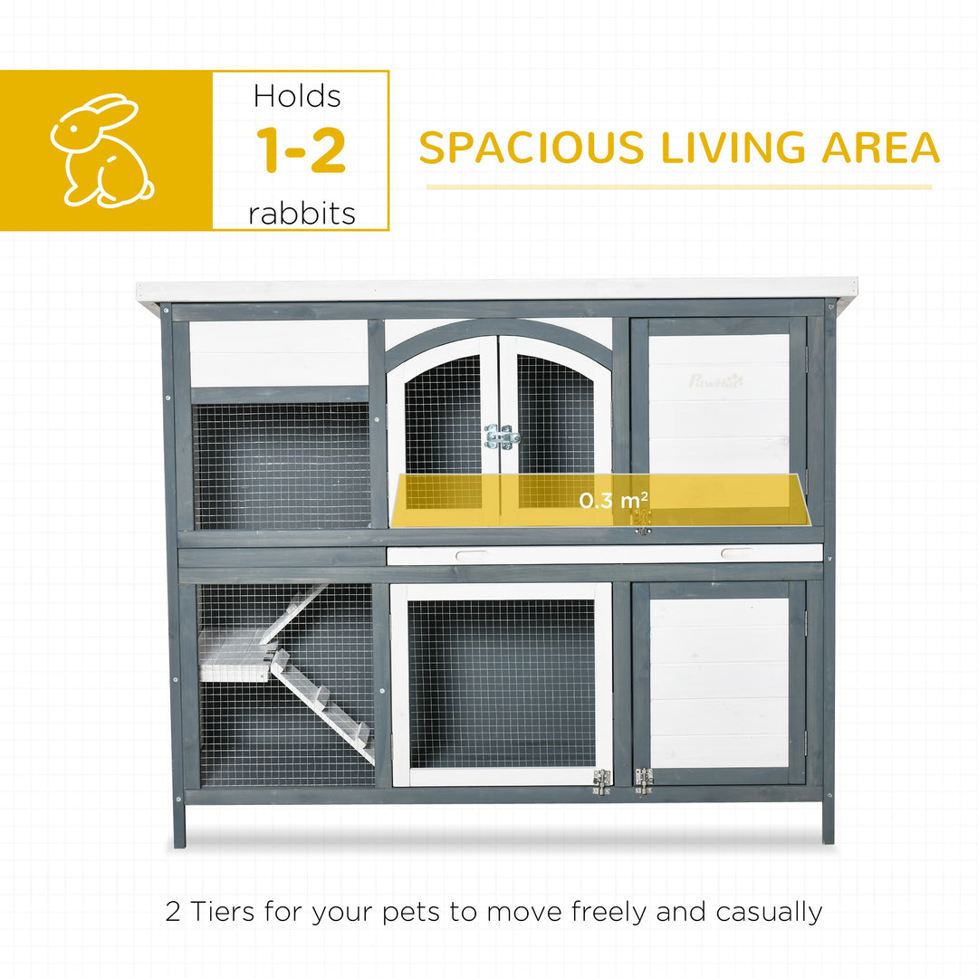 PawHut Two-Tier Wooden Rabbit Hutch Guinea Pig Cage w/ Openable Roof, Slide-Out Tray, Ramp - Grey