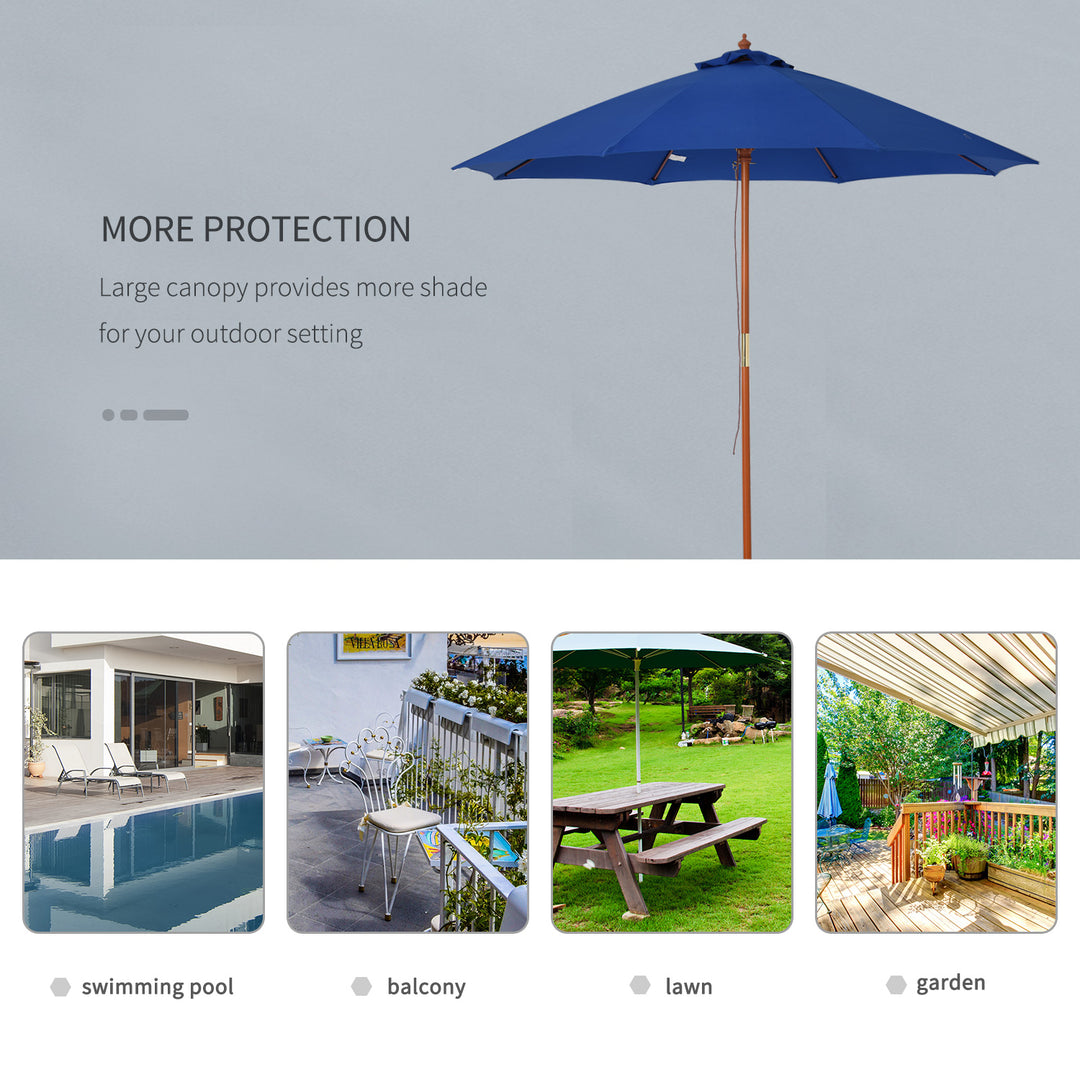 Outsunny 2.5m Wood Garden Parasol Sun Shade Patio Outdoor Market Umbrella Canopy with Top Vent, Blue