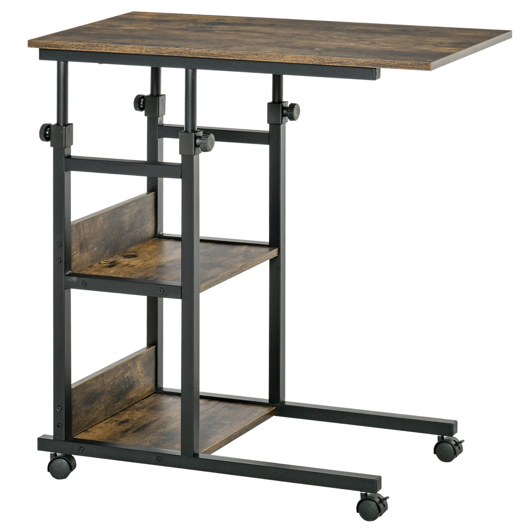 C-Shaped Side Table Industrial Mobile Rolling End Desk with 3-Tier Storage Shelving, Adjustable Height, Wheels
