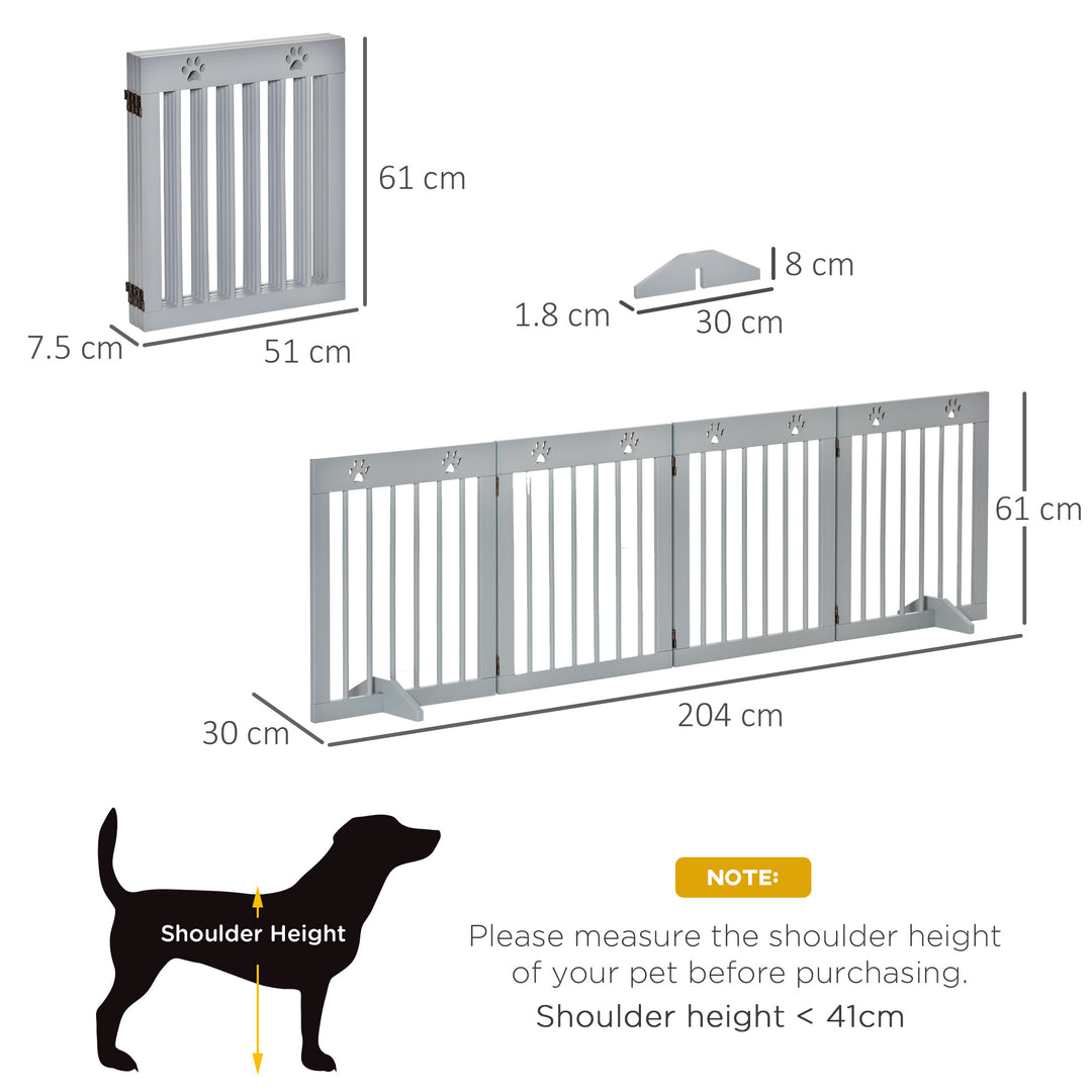 PawHut Pet Gate 4 Panel Wooden Dog Barrier Freestanding Folding Safety Fence with Support Feet up to 204cm Long 61cm Tall Light Grey