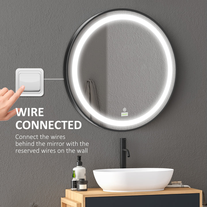 kleankin Round LED Bathroom Mirror, Dimmable Lighted Wall-Mounted Mirror with 3 Temperature Colours, Memory Function, Hardwired