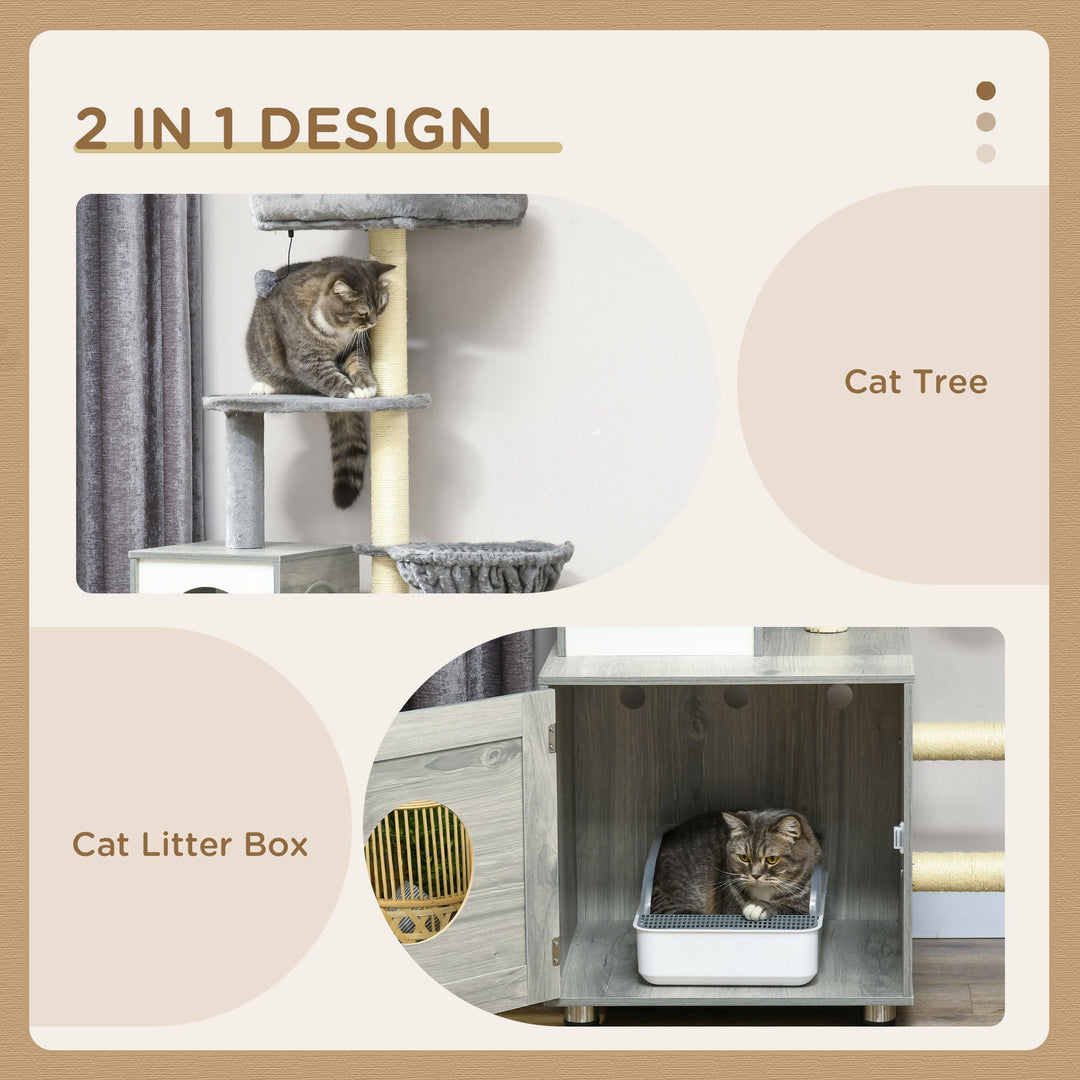 Enclosed Cat Litter Box with Cat House, Cat Bed, Scratching Posts, Platforms for Indoor Cats Use, Grey