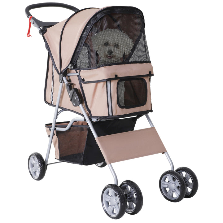 PawHut Dog Pram Pet Stroller Foldable Dog Pushchair with Wheels Zipper Entry Cup Holder Storage Basket Brown