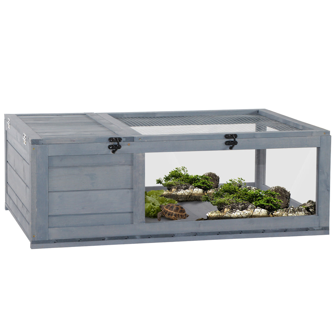 Tortoise House with Mesh Roof, Small Pet Reptile Wooden House, Tortoise Enclosure with Pulled-out Side Panel for Indoor, Outdoor, Grey